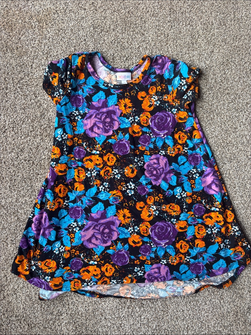 LuLaRoe Girls Floral Dress in Black, Purple, Teal & Orange